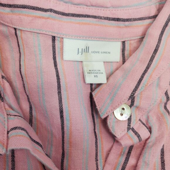 J. Jill Love Linen Dress Women's Size XS Pink Tulip Multi Striped Tiered - Picture 3 of 6